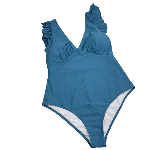 AAVA TEAL DEEP V RUFFLE ONE PIECE SWIMSUIT XXL - Picture 1 of 7